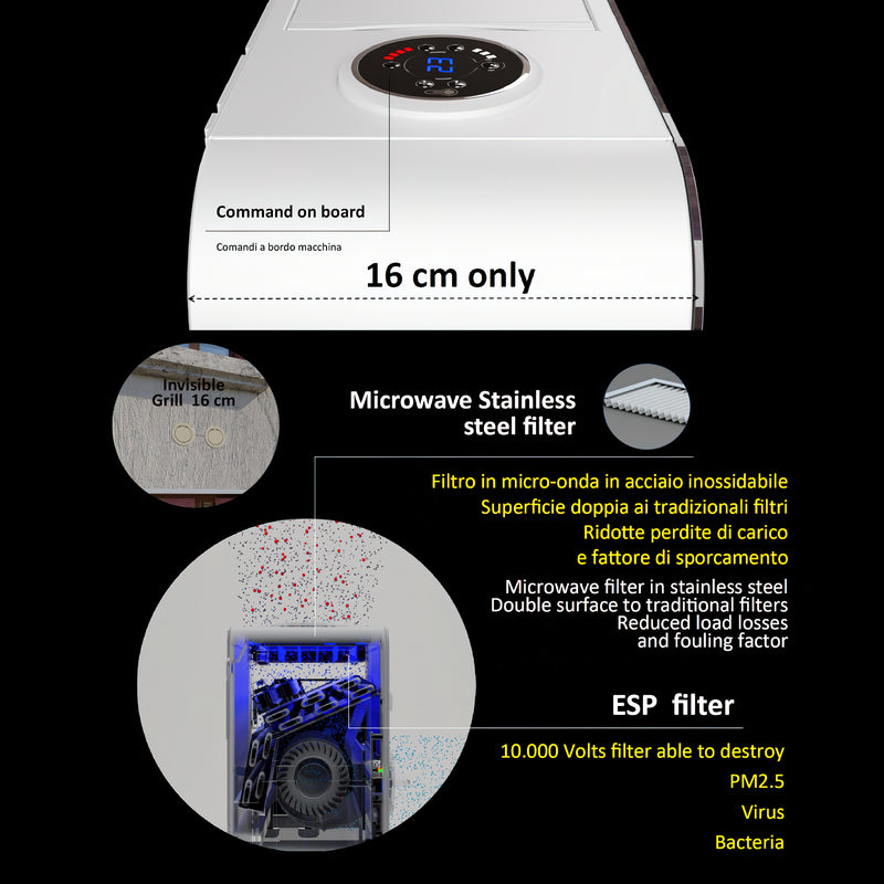 Climatiseur sans Unité Extérieure Climapuro, Pompe de Chaleur Ultra Fin, avec Technologie Full DC Inverter, max 3.8 kW, R32, Purificateur Intégré avec Filtre ESP